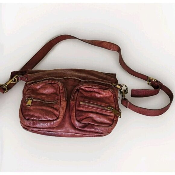Liebeskind Crossbody Bag Anny Fire Red Aged Leather Zip Flannel Plaid Lined Boho - Picture 4 of 16